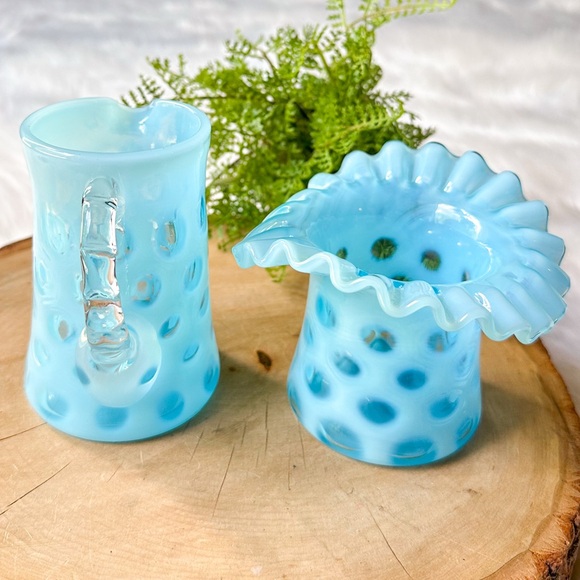 Vintage "Coin Dot Blue" Aqua Opalescent Mini Pitcher & Sugar Hat Set by Fenton - Picture 5 of 5
